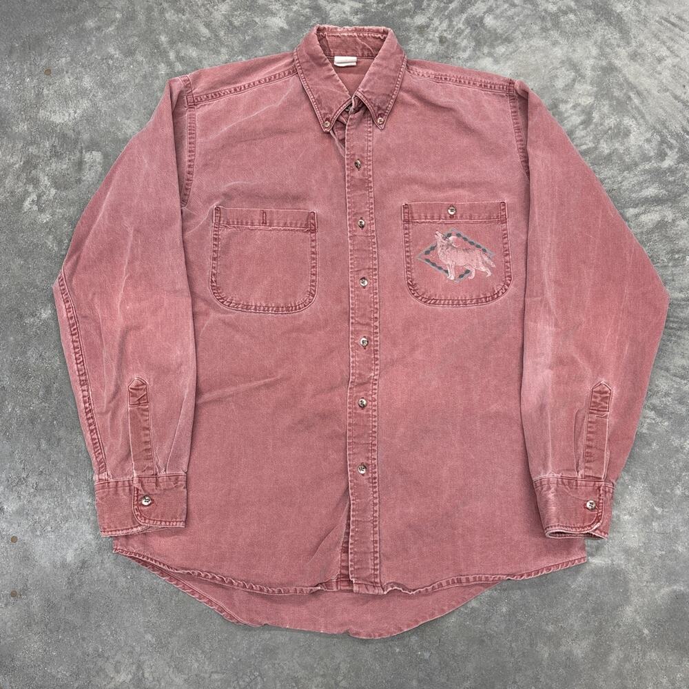 Vintage Button Up Long Sleeve 100% Cotton Western Wolf Howling Printed Shirt